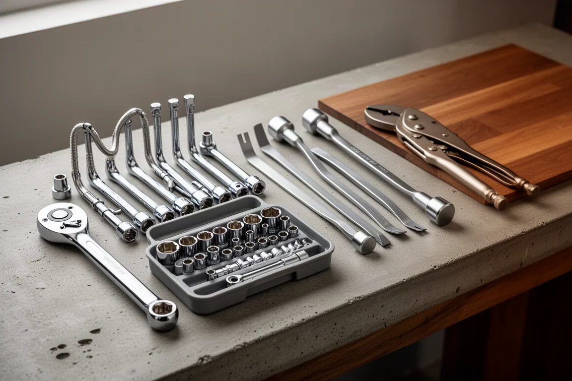 Professional hand tool lineup with ratchets, sockets, pry bars, and locking pliers on a workbench