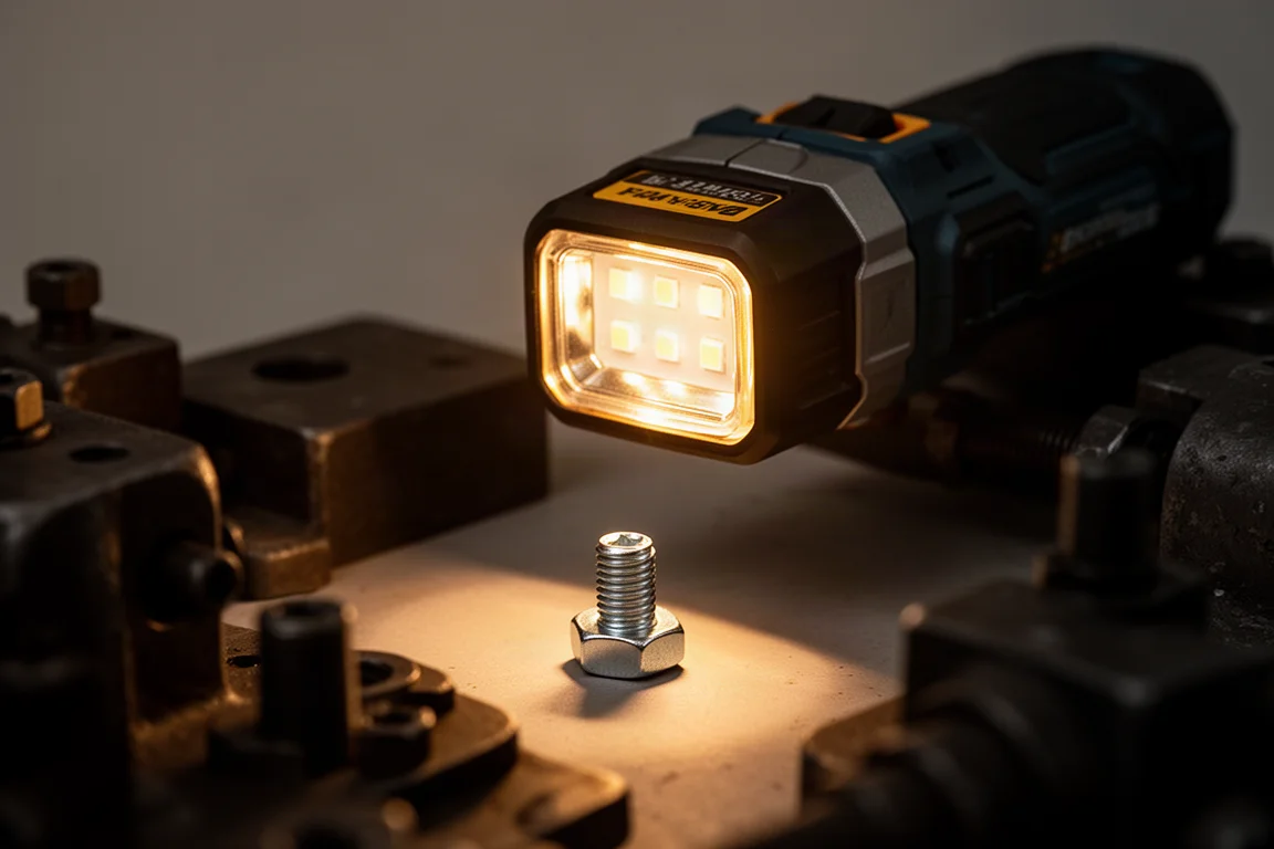 Brilho quente do LED de trabalho iluminando um fixador em metal escuro