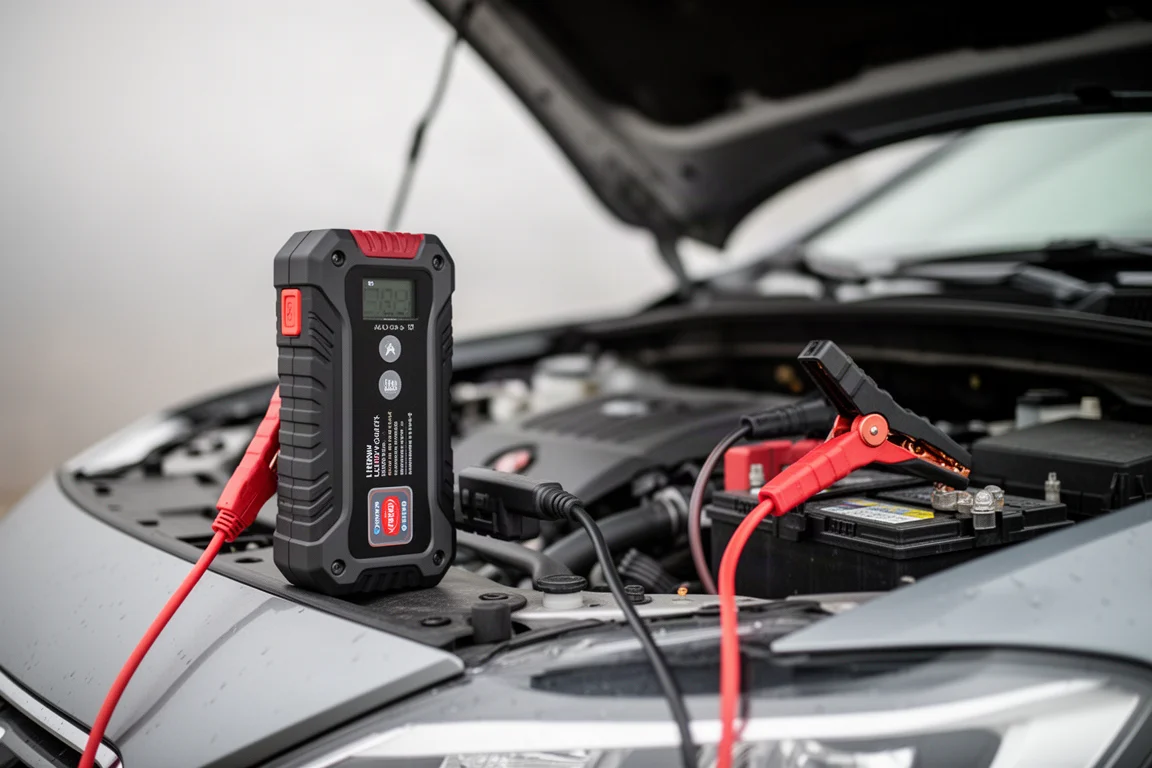Pinças de um jump starter conectadas à bateria de um carro embaixo do capô
