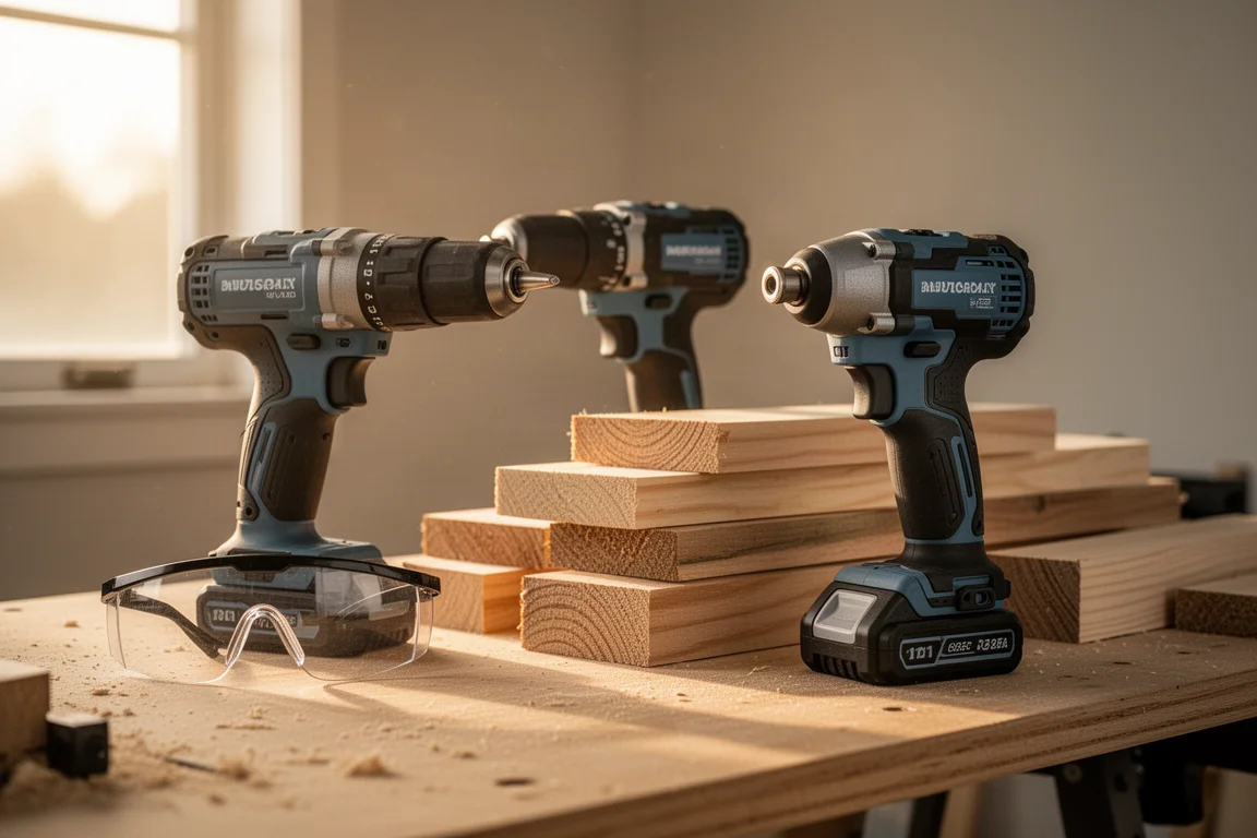 Cordless hammer drill and impact driver resting on a workbench