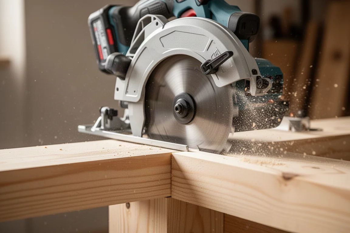 Circular saw cutting through dimensional lumber with sawdust flying