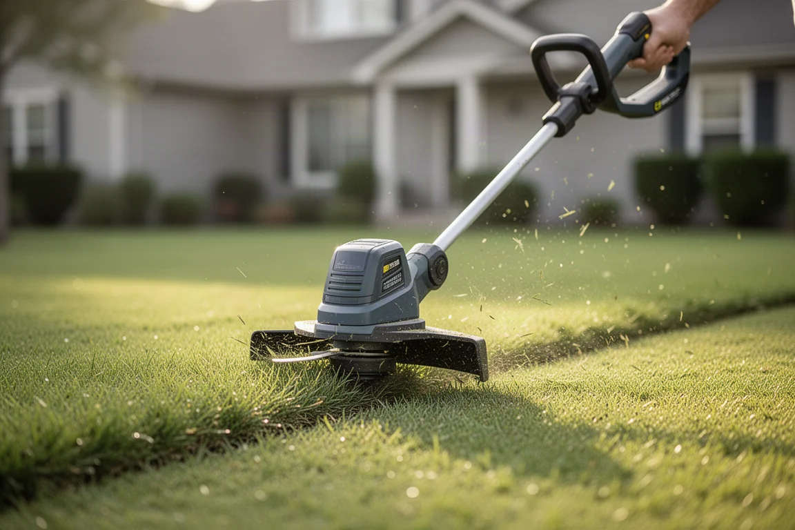 String trimmer cutting a lawn edge in bright daylight