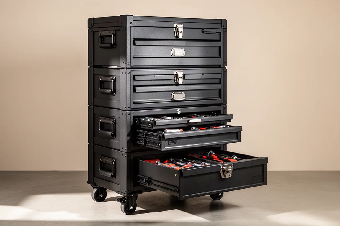 Stackable modular tool boxes organized in a workshop