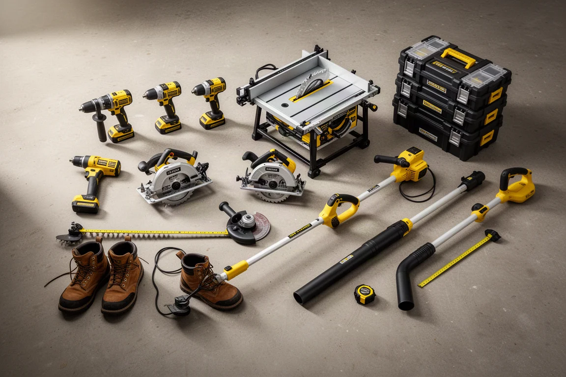 Flat-lay collection of power tools, outdoor equipment, and tool storage on a concrete workshop floor