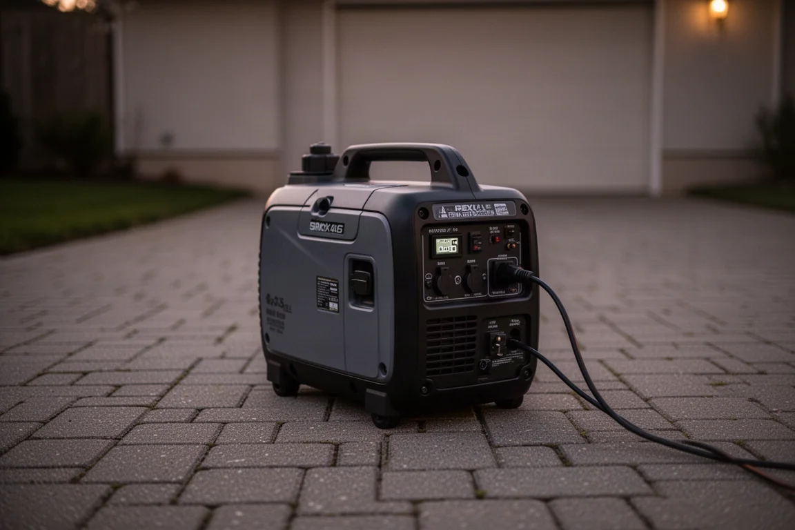 Przenośny generator inwerterowy zasilający sprzęt na podjeździe o zmierzchu