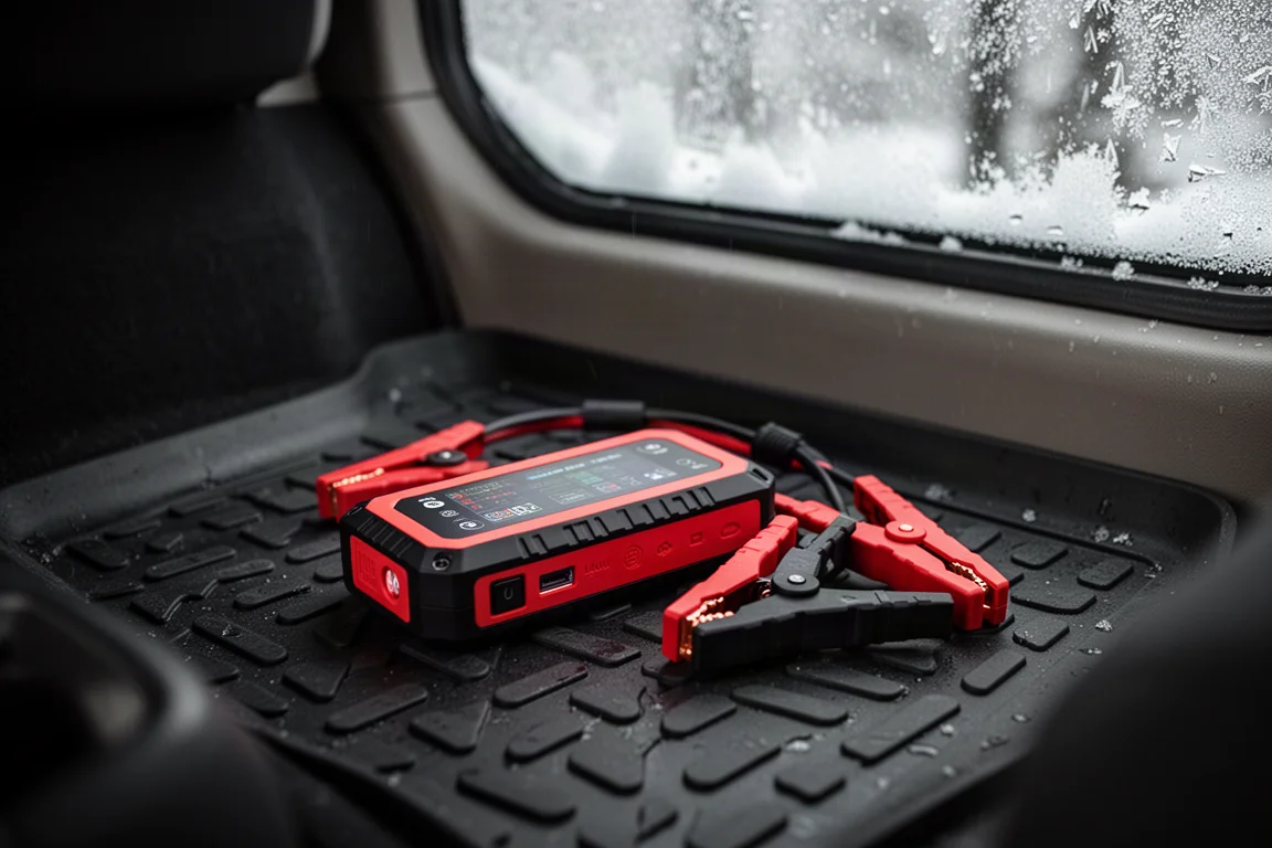 Portable jump starter power bank resting on a vehicle floor next to jumper clamps