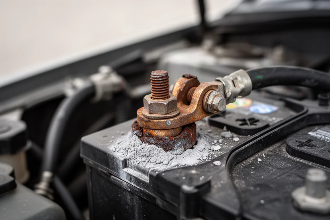 Corroded car battery terminal with a loosened cable clamp in an engine bay