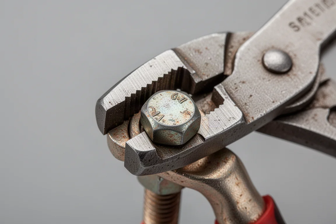 Triple joint pliers jaws gripping a rounded bolt head with strong parallel contact