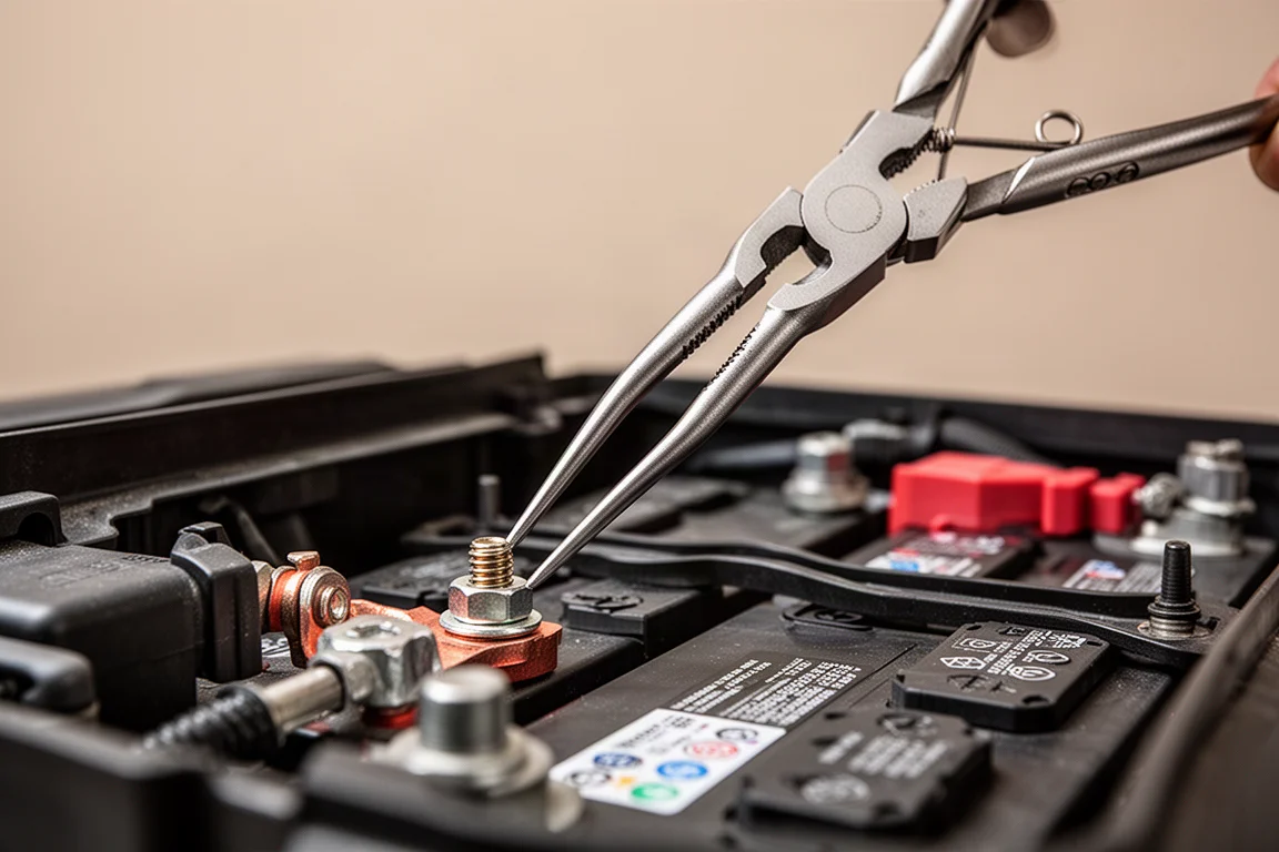 Thin bent nose pliers reaching deep into a battery case to grip a terminal bolt