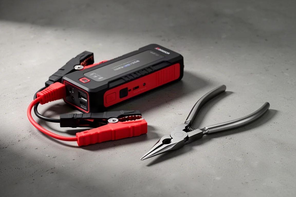 Portable jump starter with jumper clamps beside long-reach triple joint pliers on concrete