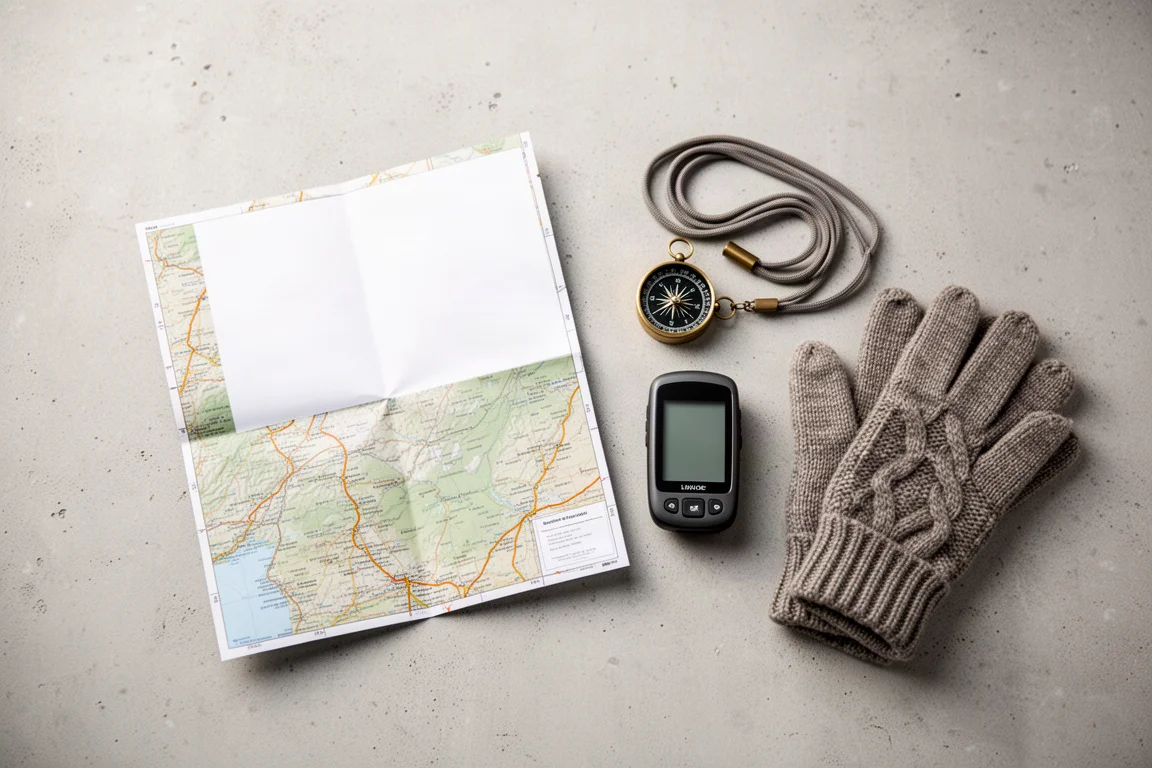 콘크리트 위에 펼쳐 놓은 종이 지도, 나침반, 휴대용 GPS 기기와 장갑