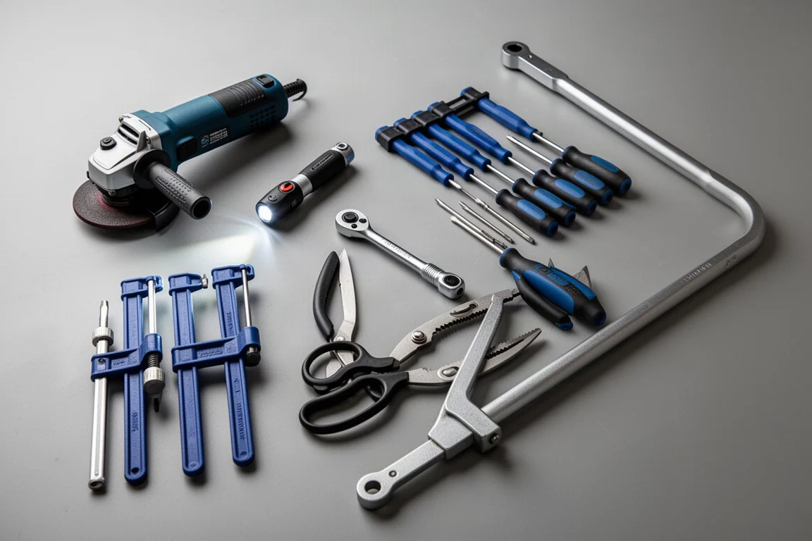 Flat-lay of budget hand tools including grinder, ratchet, clamps and pliers on a grey workbench