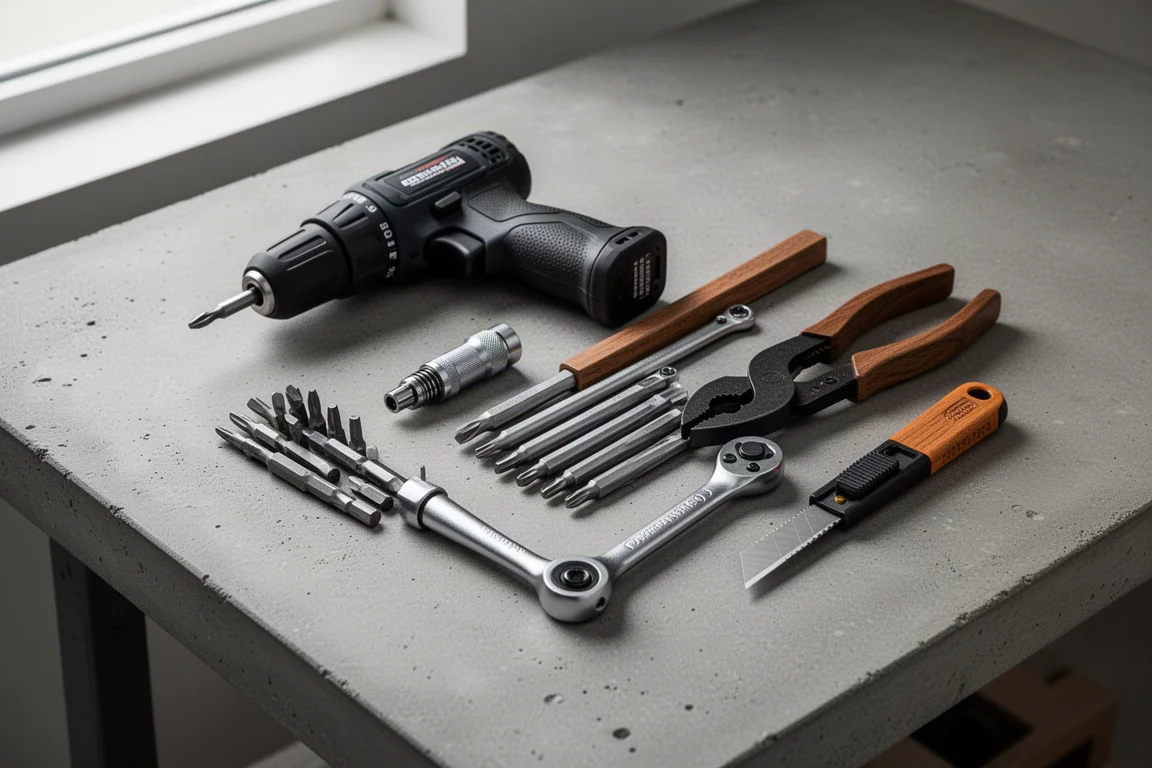 Flat-lay of compact hand tools including a power screwdriver, pliers, and a ratchet on a workbench