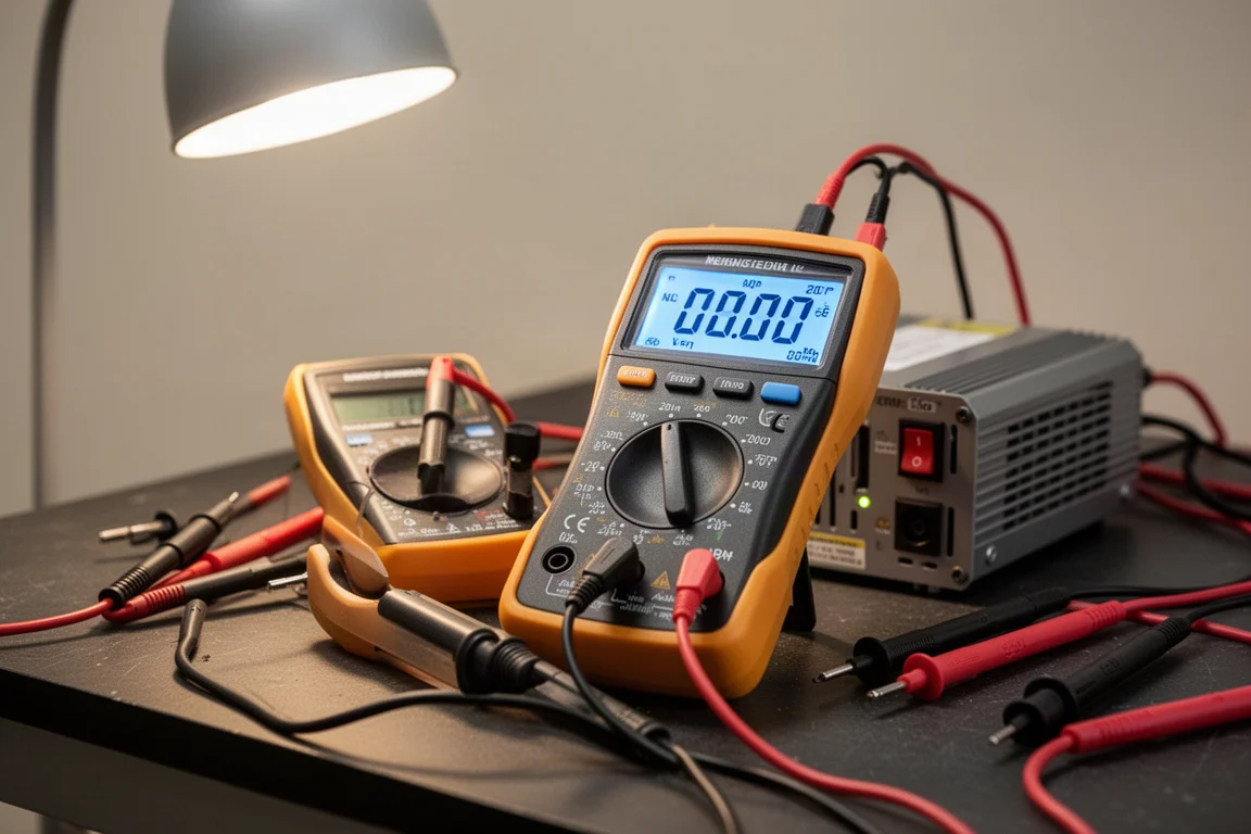 Fluke multimeter meet de spanning en frequentie van de uitgang van een draagbare omvormer
