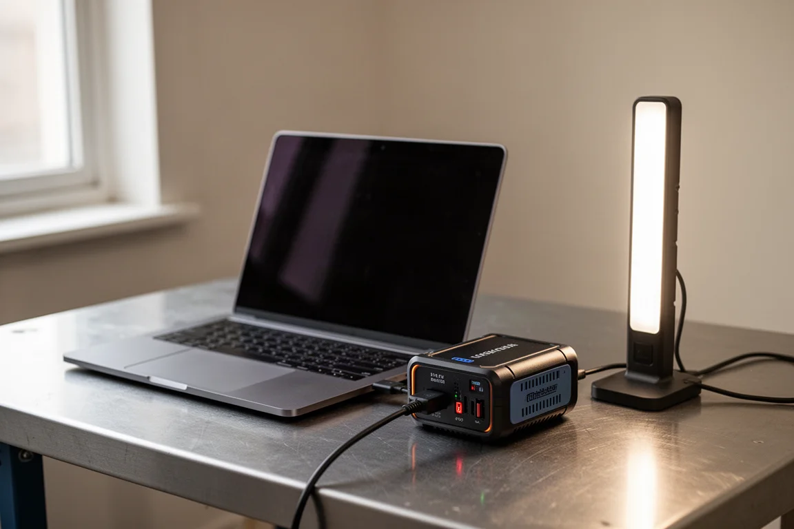 Laptop en LED-werklamp worden opgeladen via een kleine omvormer op een werkbank