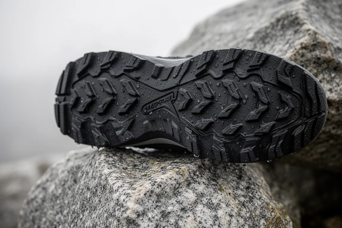Close-up of an aggressive trail shoe outsole gripping wet granite