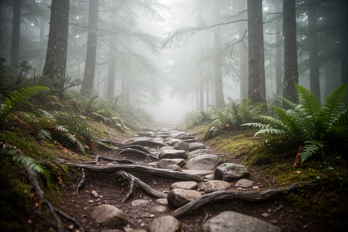 Rocky forest trail with roots and moss in soft morning light
