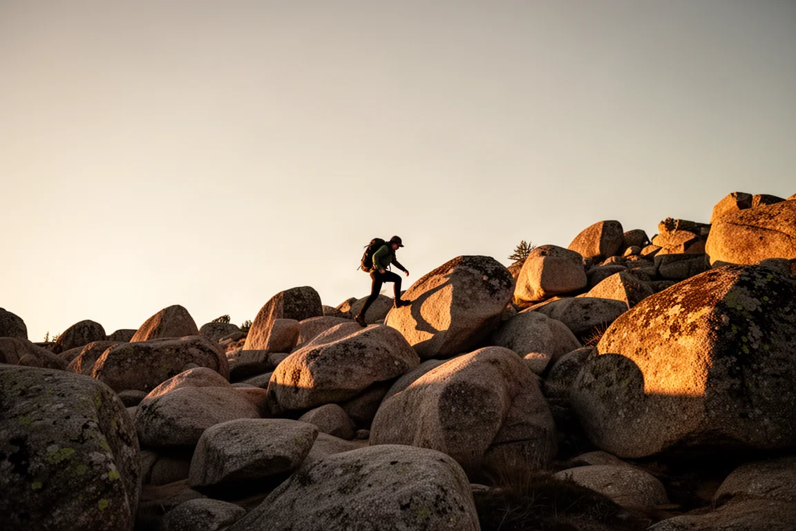 Hiker scrambling up a granite boulder field at golden hour