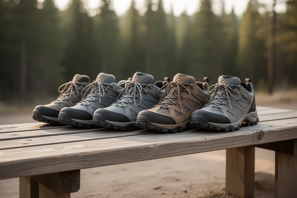 Row of trail hiking shoes lined up on a wooden bench at a trailhead