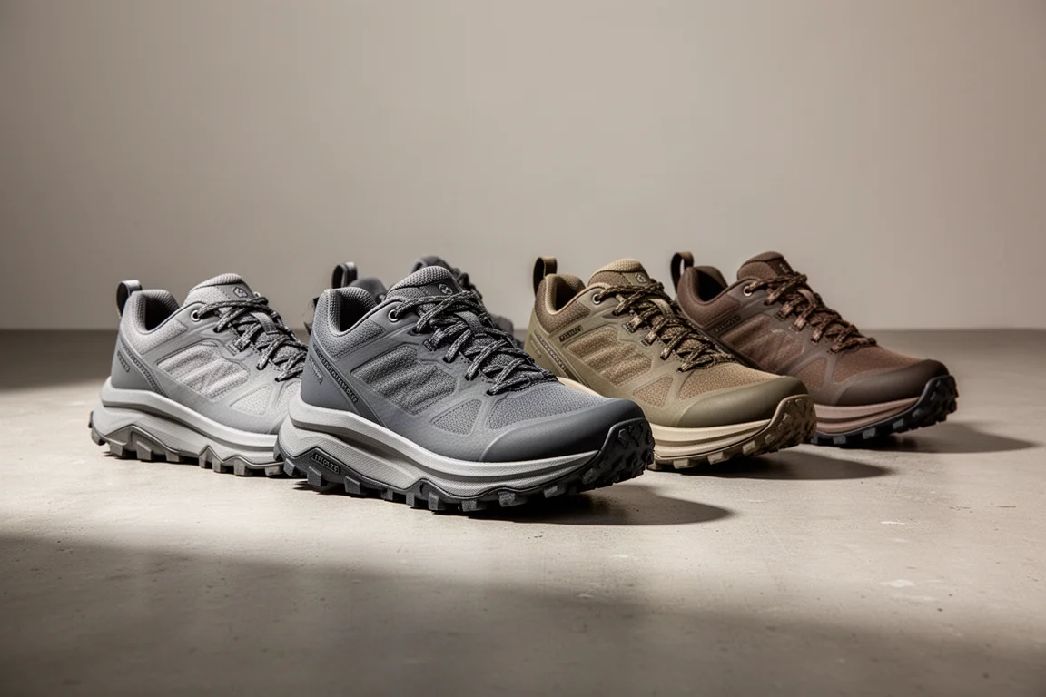 Five trail hiking shoes arranged in a row on a matte concrete surface