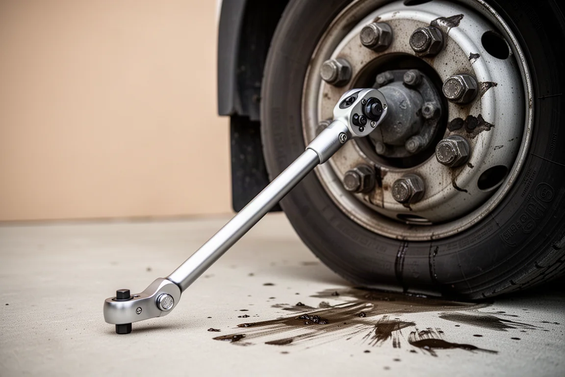 Slim-head torque multiplier with long reaction arm resting against a heavy-duty lug nut setup