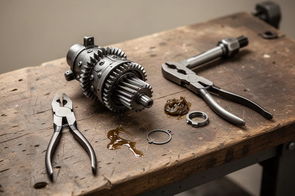 Disassembled planetary gear assembly laid out on a workbench