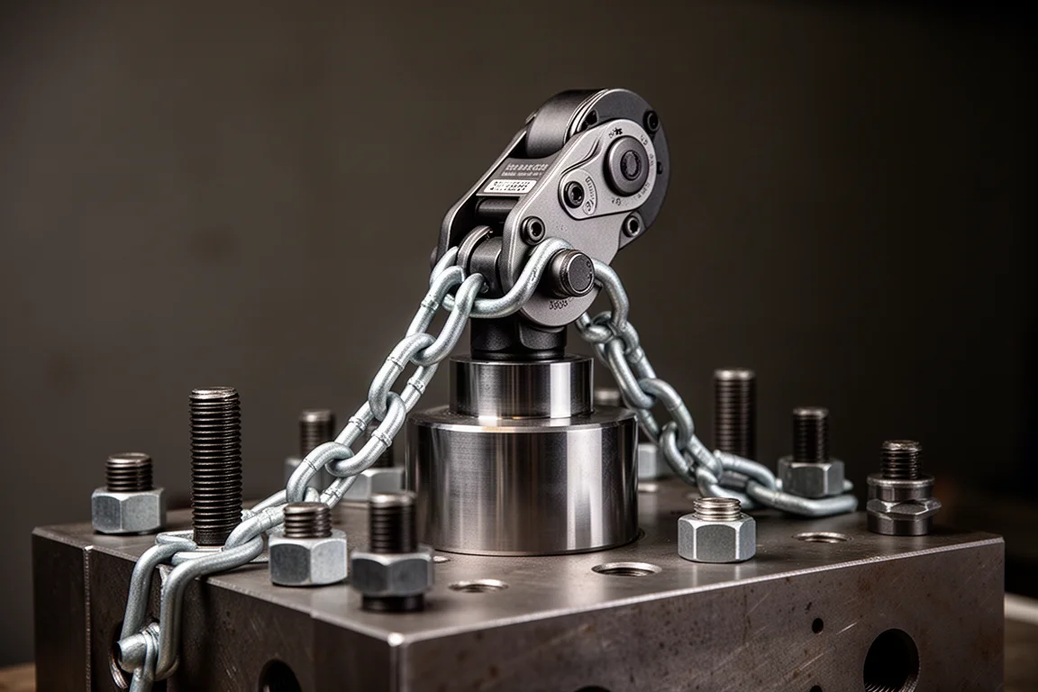 Large ratcheting torque multiplier chained to a heavy test fixture under workshop lighting