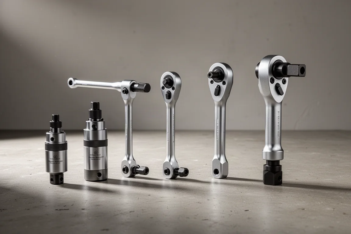 Five torque multipliers of varying sizes lined up on a concrete surface