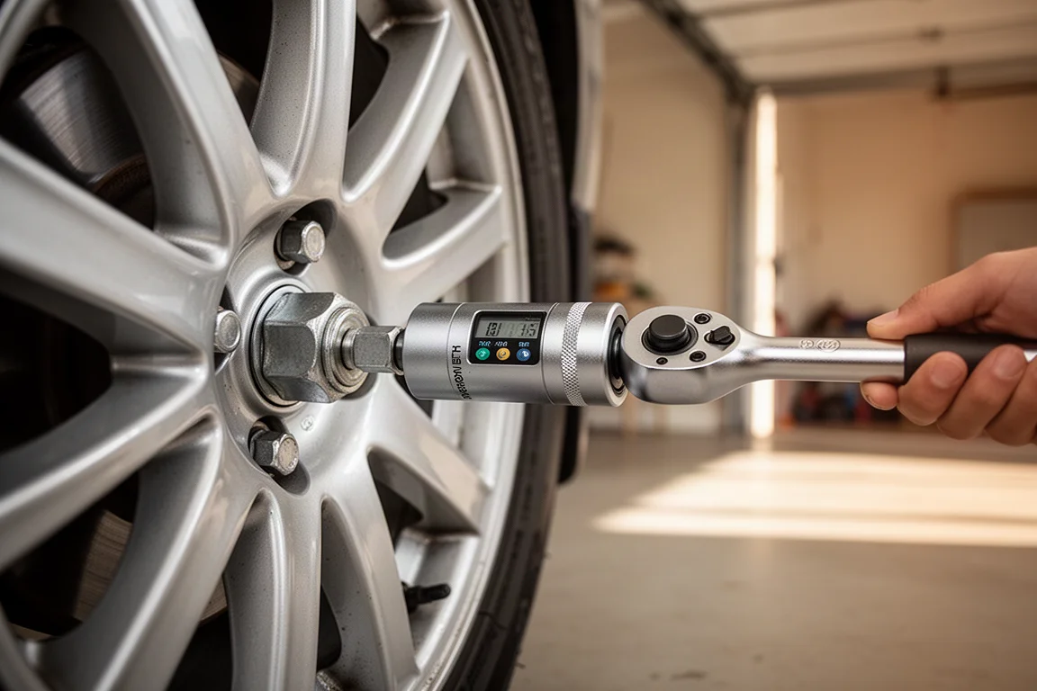 Digital torque adapter fitted to a socket tightening a bolt on a car wheel