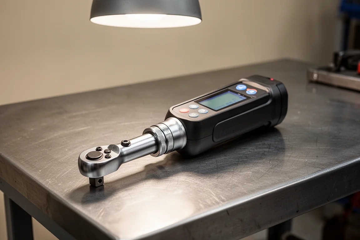 Electronic torque wrench with digital display resting on a workbench