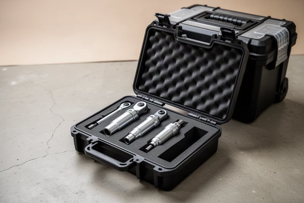 Three torque adapters nested in a foam-lined black carry case