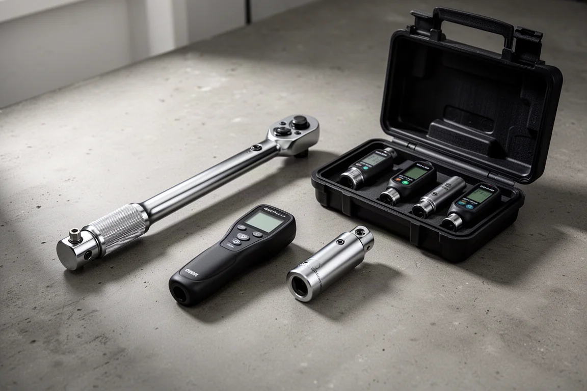 Click torque wrench, electronic torque wrench, and digital torque adapters arranged on a workshop surface
