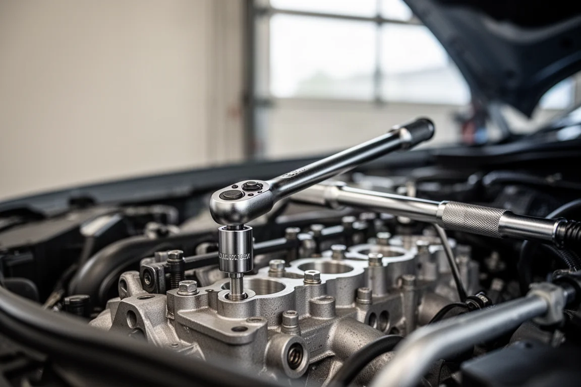 Mechanik dokręcający śrubę głowicy cylindrów w komorze silnika