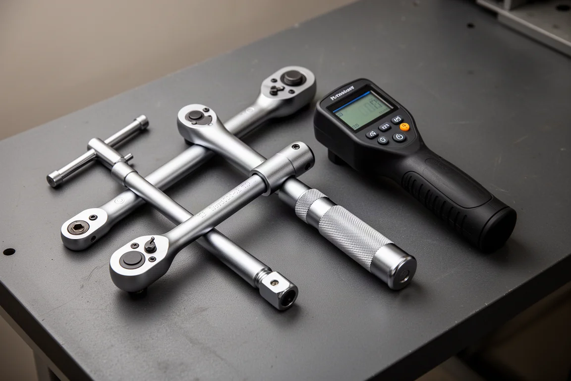 A collection of clicker, split beam, and digital torque wrenches arranged on a dark workbench