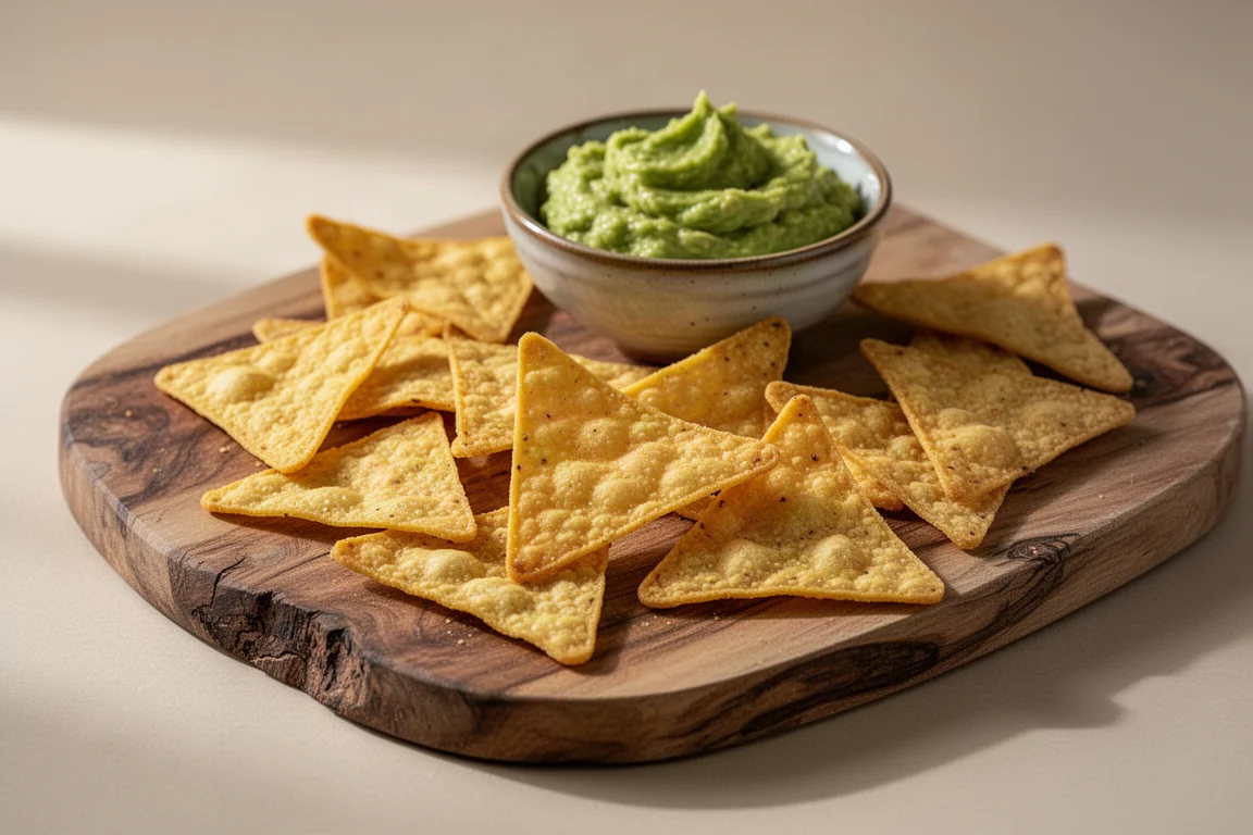 Goldgelbe Tortilla-Chips auf einem Holzbrett neben einer Schale Guacamole