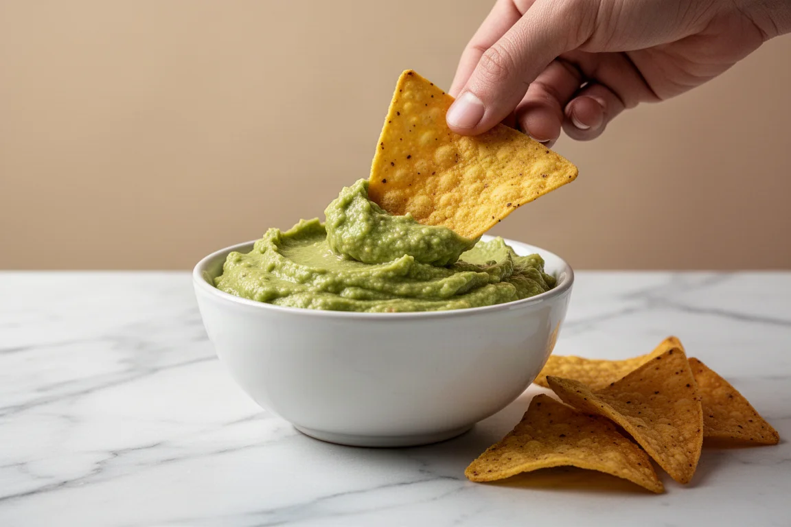 Ein Tortilla-Chip wird in eine Schale mit Guacamole getaucht