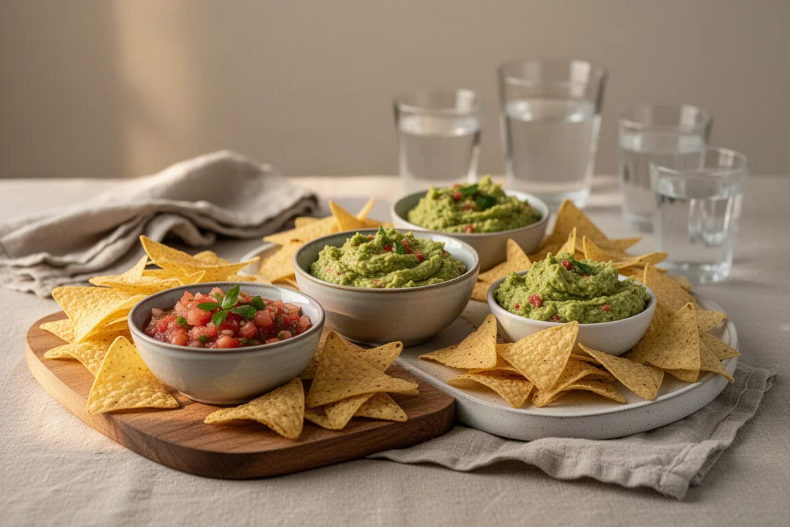 Ein Snack-Tisch für eine lockere Runde mit Chips und Dips