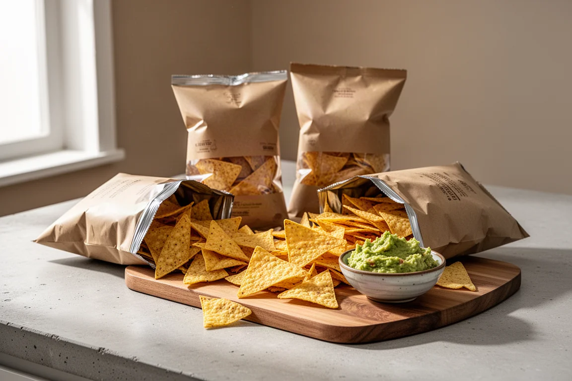 Four open bags of tortilla chips on a counter with a bowl of guacamole