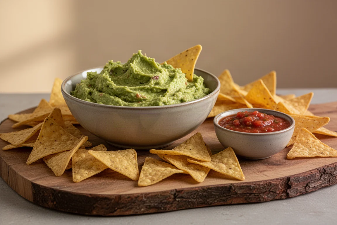 Bowls of salsa and guacamole surrounded by tortilla chips on a party table