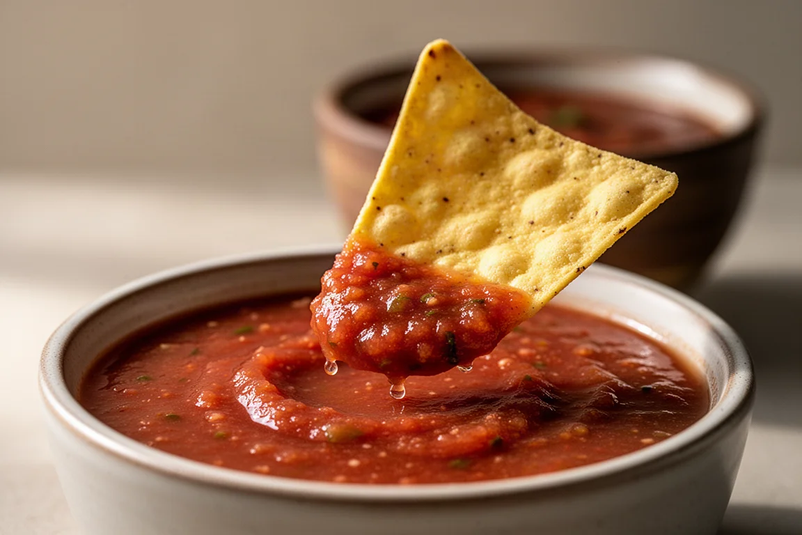 Close-up of a tortilla chip being dipped into a bowl of salsa