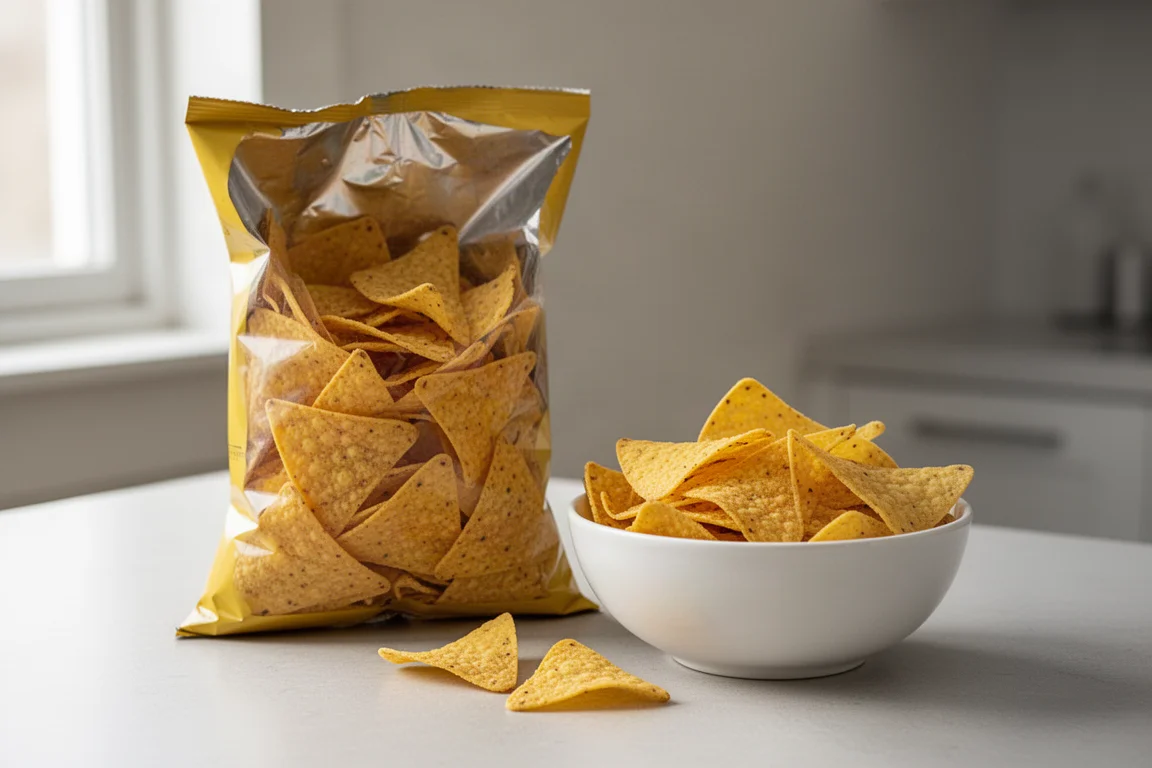 A bag of tortilla chips opened next to a bowl on a kitchen counter