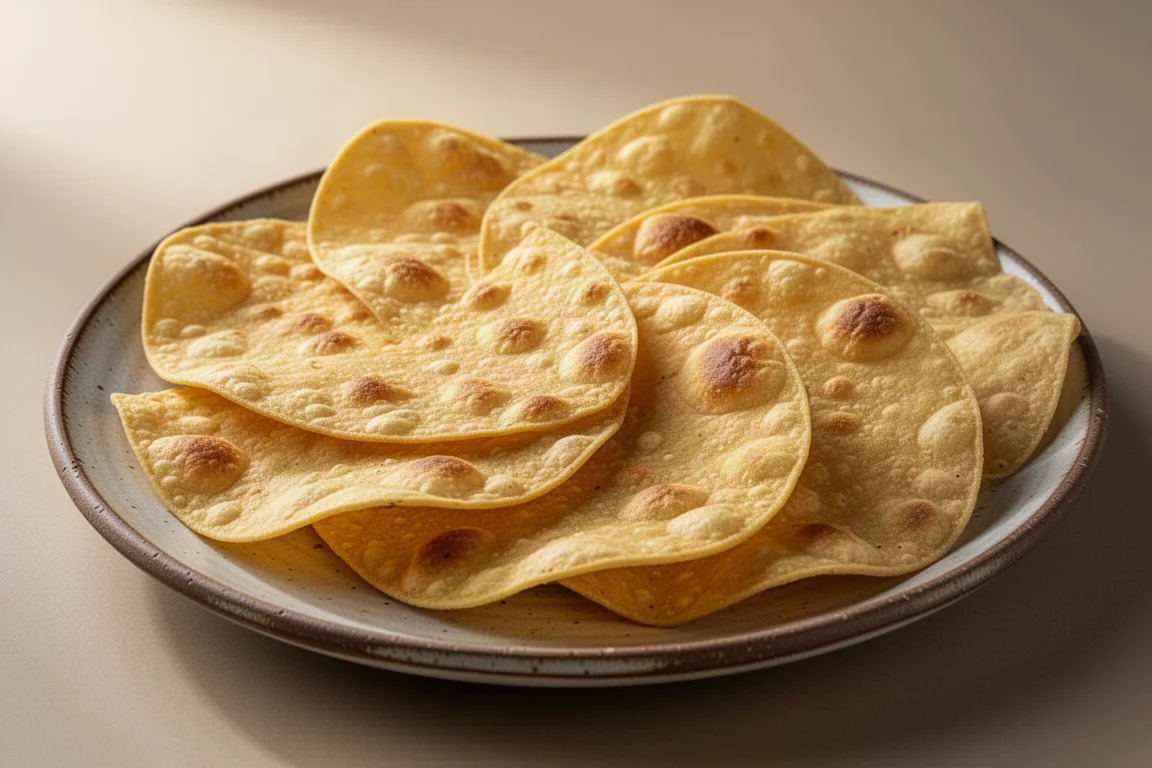 Large restaurant-style tortilla chips fanned out on a serving plate