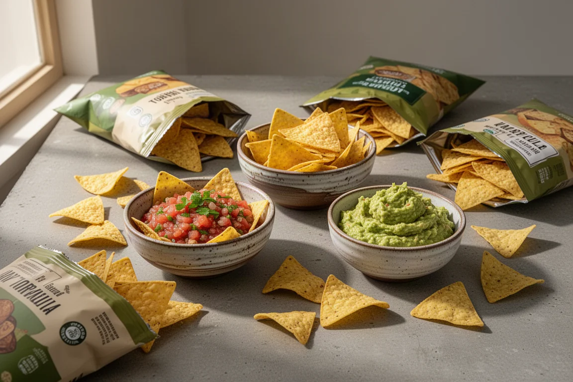 Bowls of tortilla chips, salsa, and guacamole arranged on a concrete table