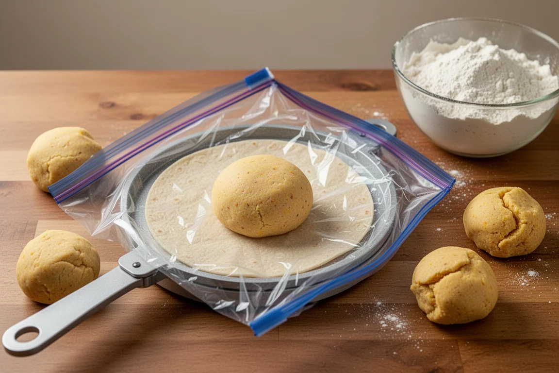 Palline di pasta di mais fresca e una macchina per tortillas foderata su un piano di lavoro in cucina