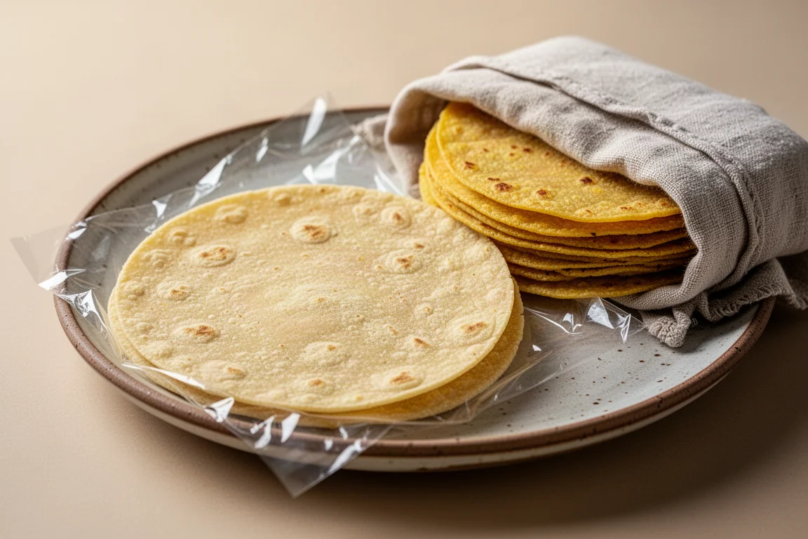 Una tortilla di mais appena stesa e sottile accanto a una pila di tortillas cotte