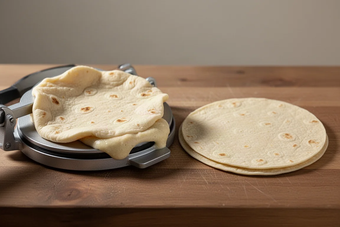 Una tortilla irregolare e deforme stesa con una macchina piccola
