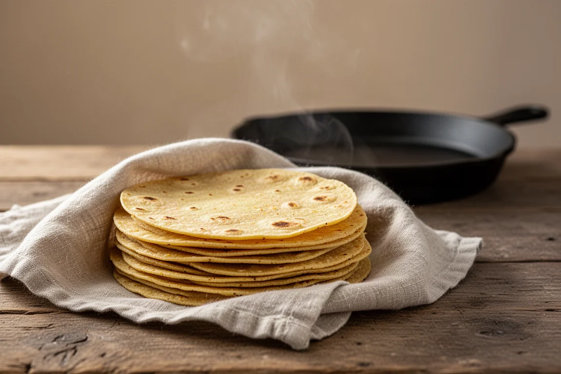 Pila di tortillas di mais fatte in casa pronte per un comal caldo