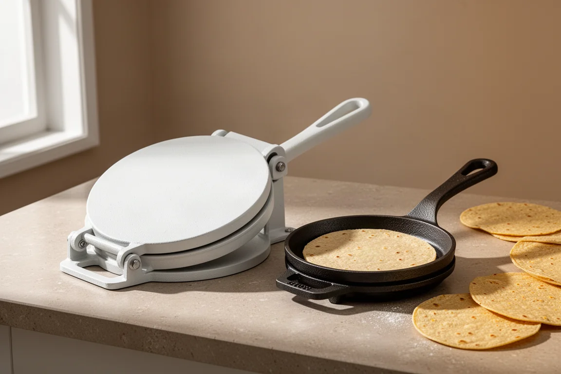 Two tortilla presses on a stone counter with fresh corn tortillas