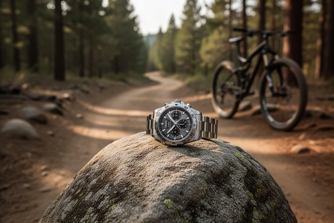 Montre-bracelet posée sur le sol rocailleux au bord d'un sentier lors d'une sortie en extérieur