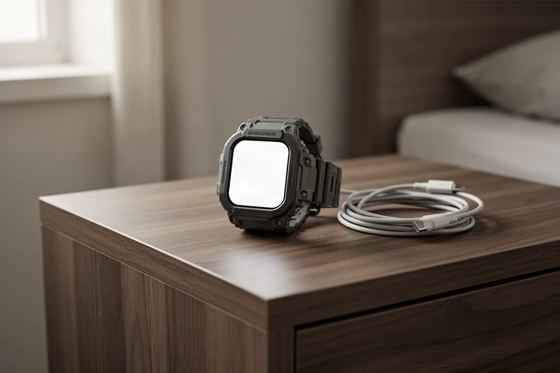 Grande smartwatch robuste sur une table de chevet à côté d'un câble de charge